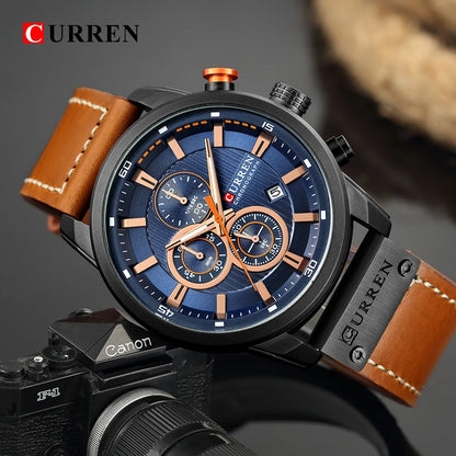 CURREN Luxury Chronograph Men's Watch with High Quality Leather Band