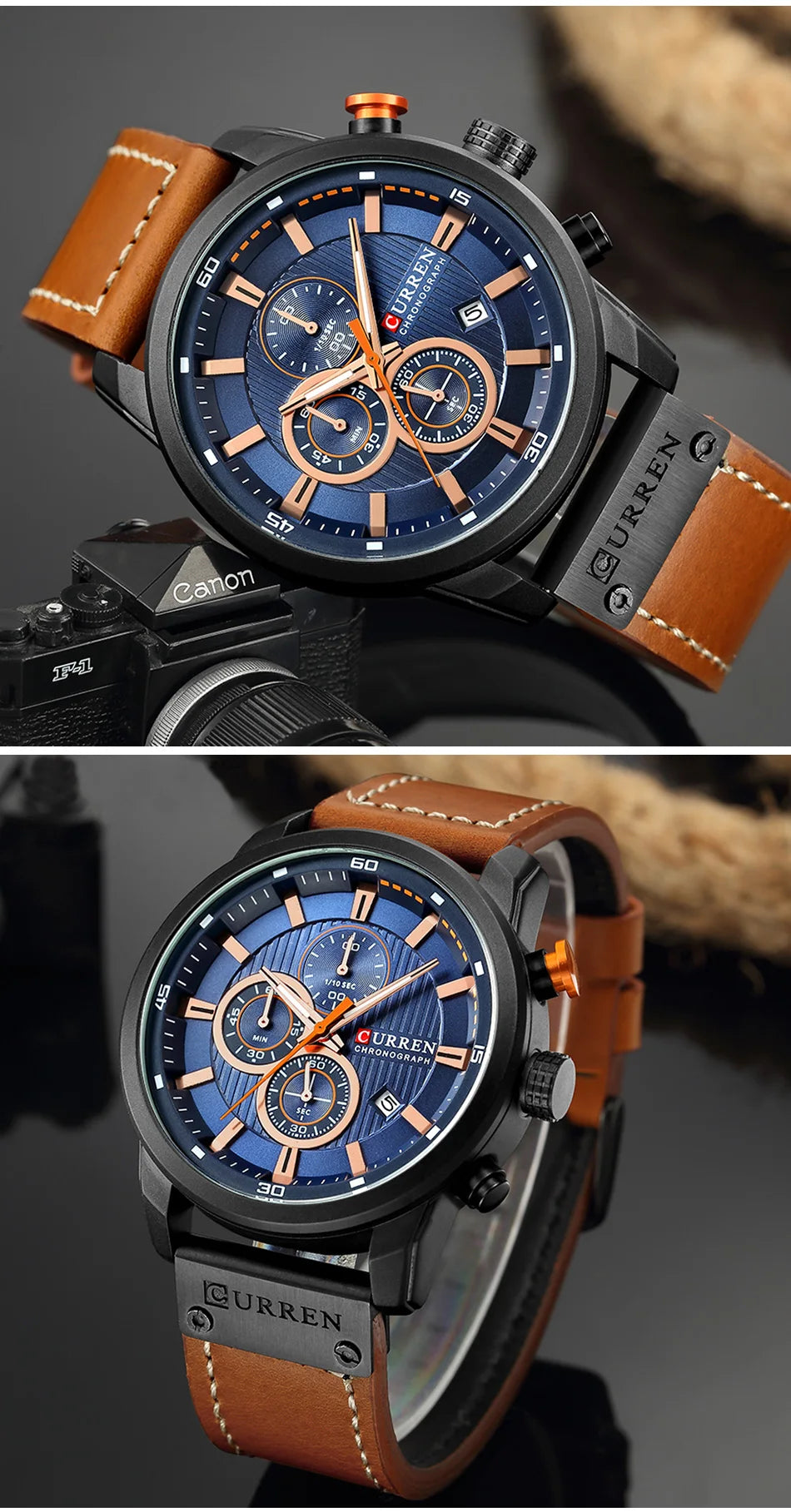 CURREN Luxury Chronograph Men's Watch with High Quality Leather Band