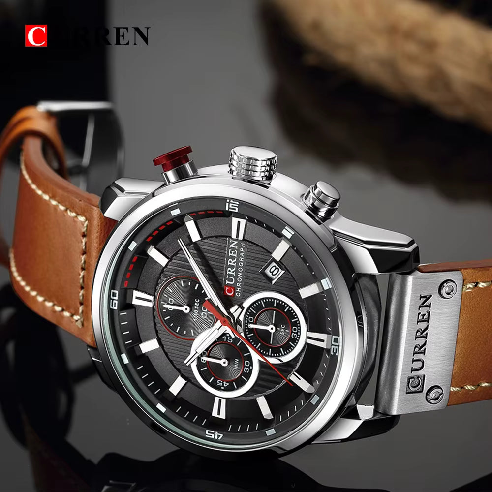 CURREN Luxury Chronograph Men's Watch with High Quality Leather Band